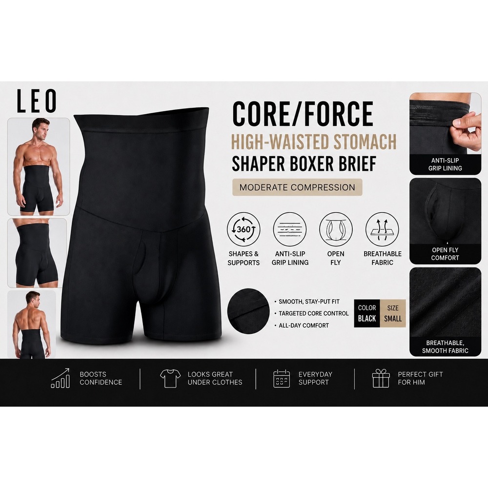 High-Waisted Stomach Shaper Boxer Brief Men's Shapewear Moderate Compression NWT